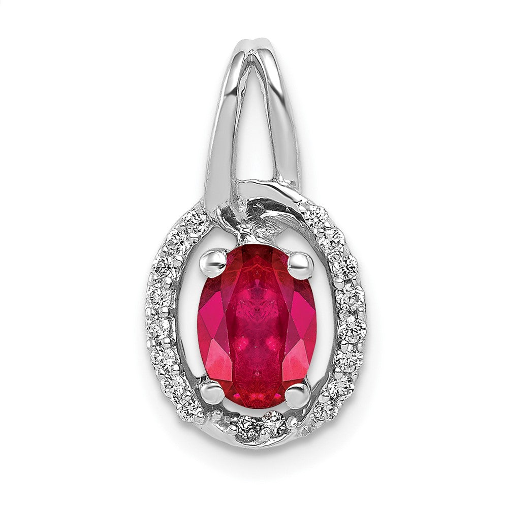 14k White Gold Diamond and .86 Ruby Oval Halo Pendant (1.2 grams)