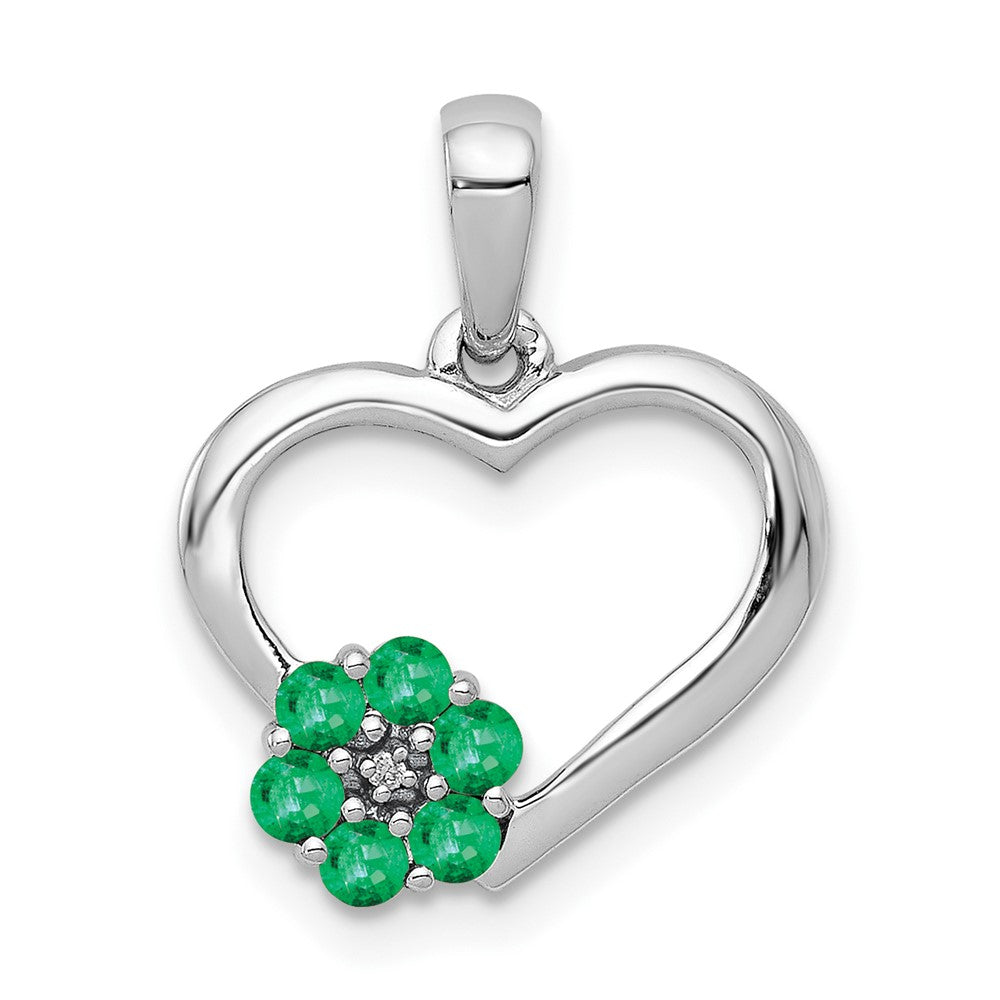 14k White Gold Diamond and Emerald Heart and Flower Pendant (1.05 grams)