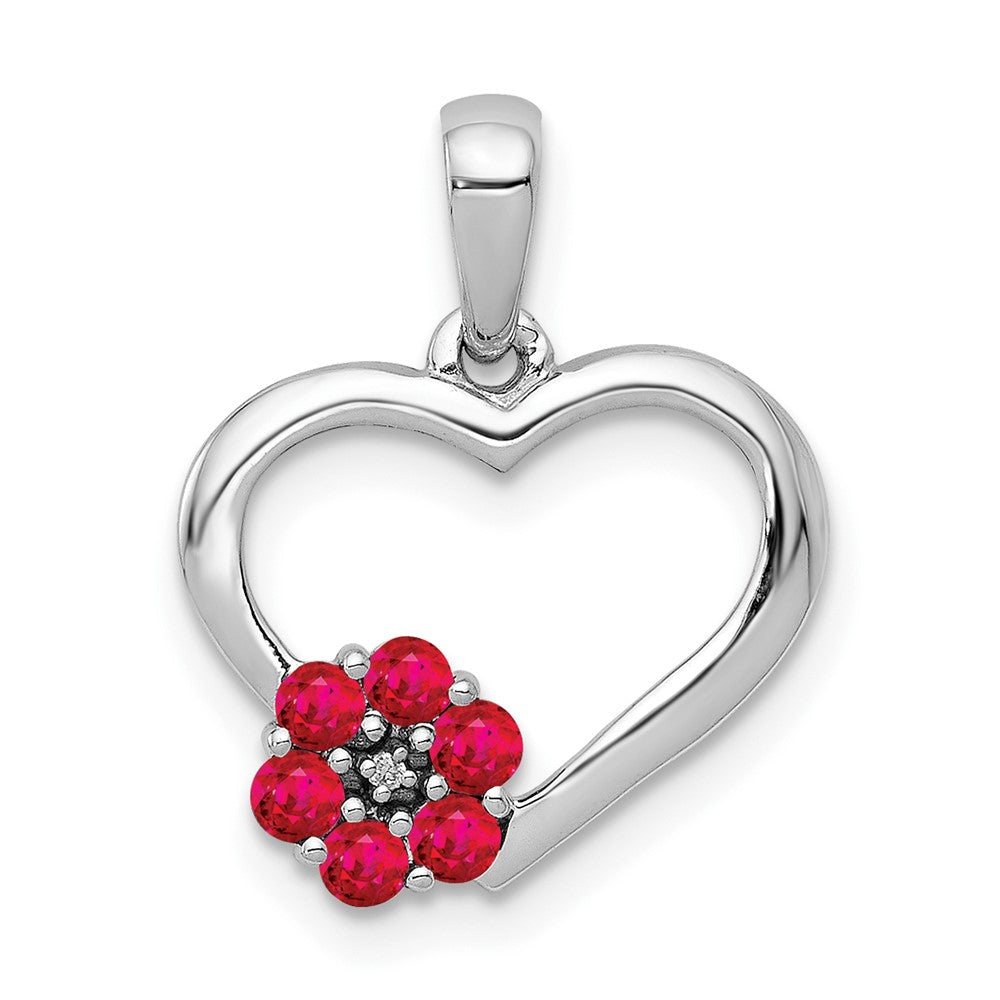 14k White Gold Diamond and Ruby Heart w/ Flower Pendant (1.05 grams)