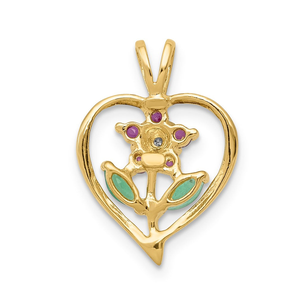 14k Siam Ruby/Emerald/Diamond Flower in Heart Pendant (1.1 grams)