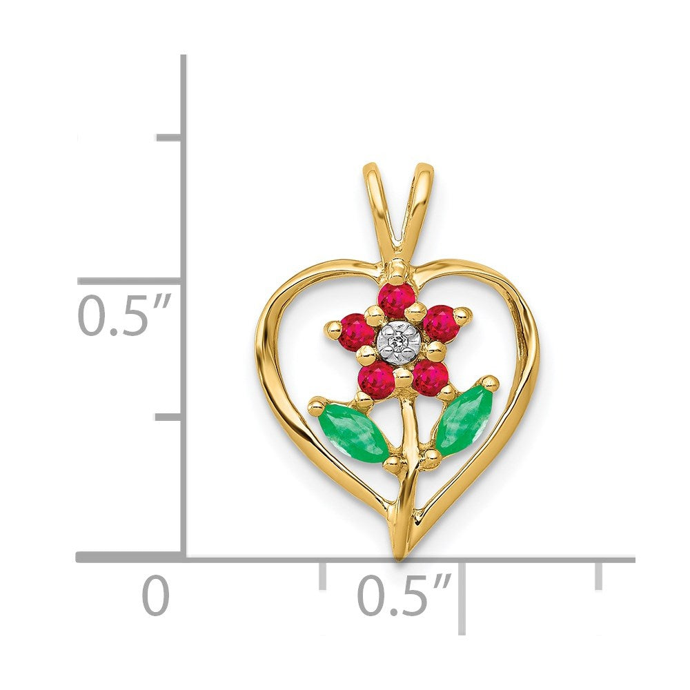 14k Siam Ruby/Emerald/Diamond Flower in Heart Pendant (1.1 grams)