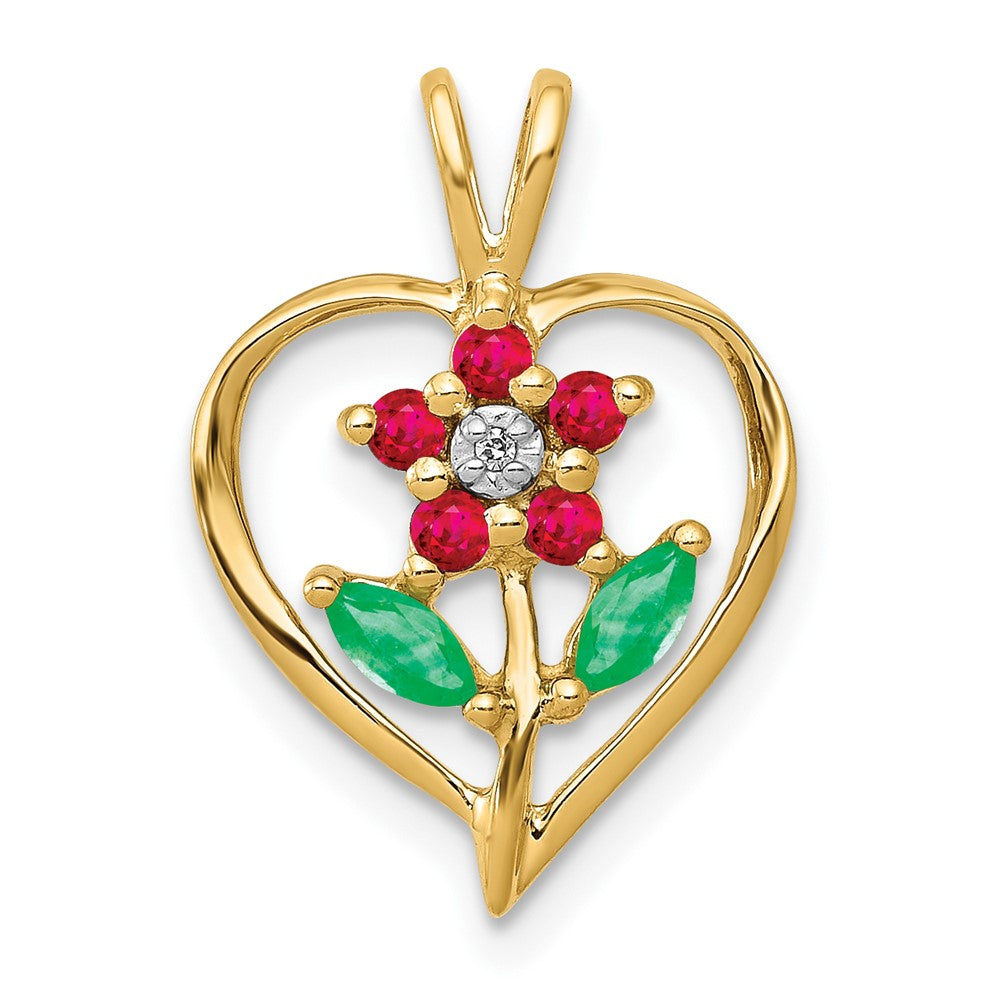 14k Siam Ruby/Emerald/Diamond Flower in Heart Pendant (1.1 grams)