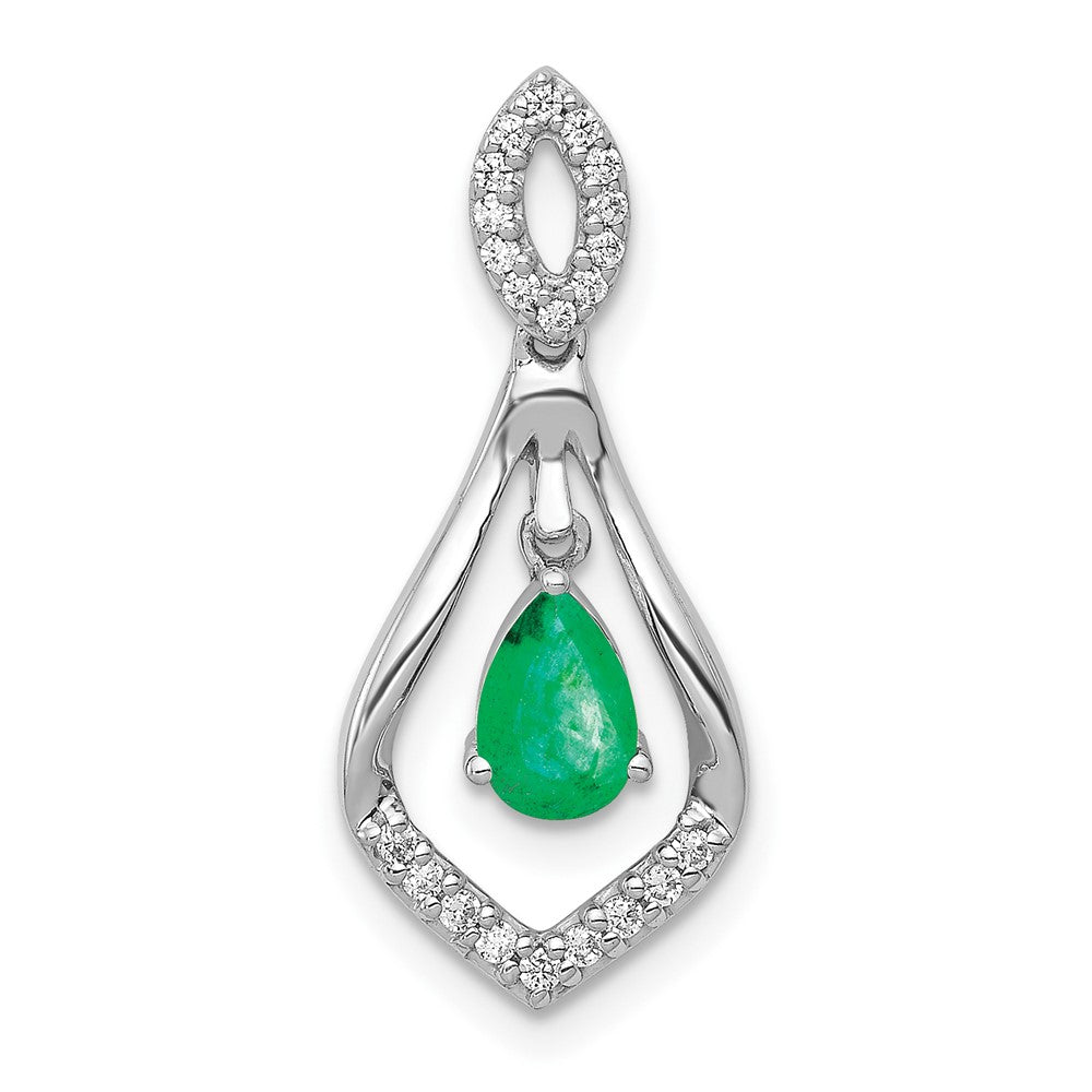 14k White Gold Diamond and Teardrop Emerald Dangle Pendant (1.35 grams)