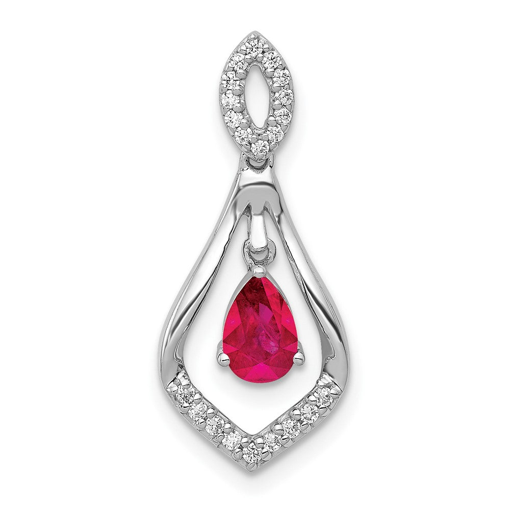 14k White Gold Diamond and Ruby Teardrop Dangle Pendant (1.35 grams)