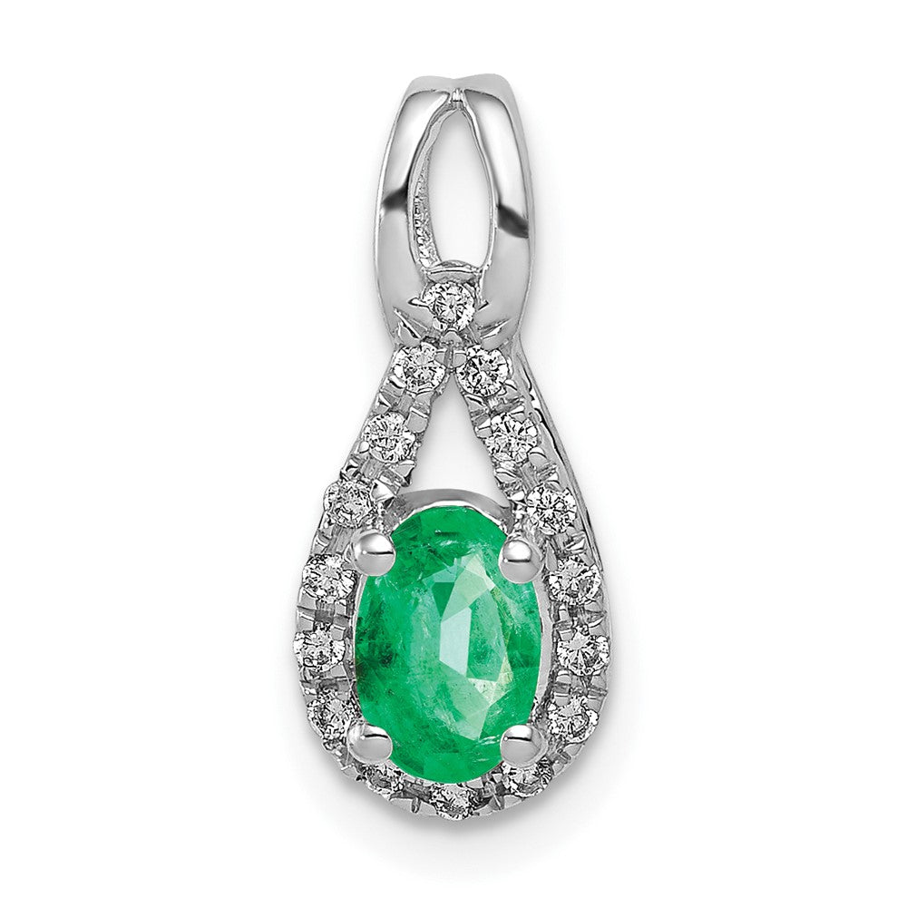 14k White Gold Teardrop Diamond and Oval Emerald Pendant (0.85 grams)