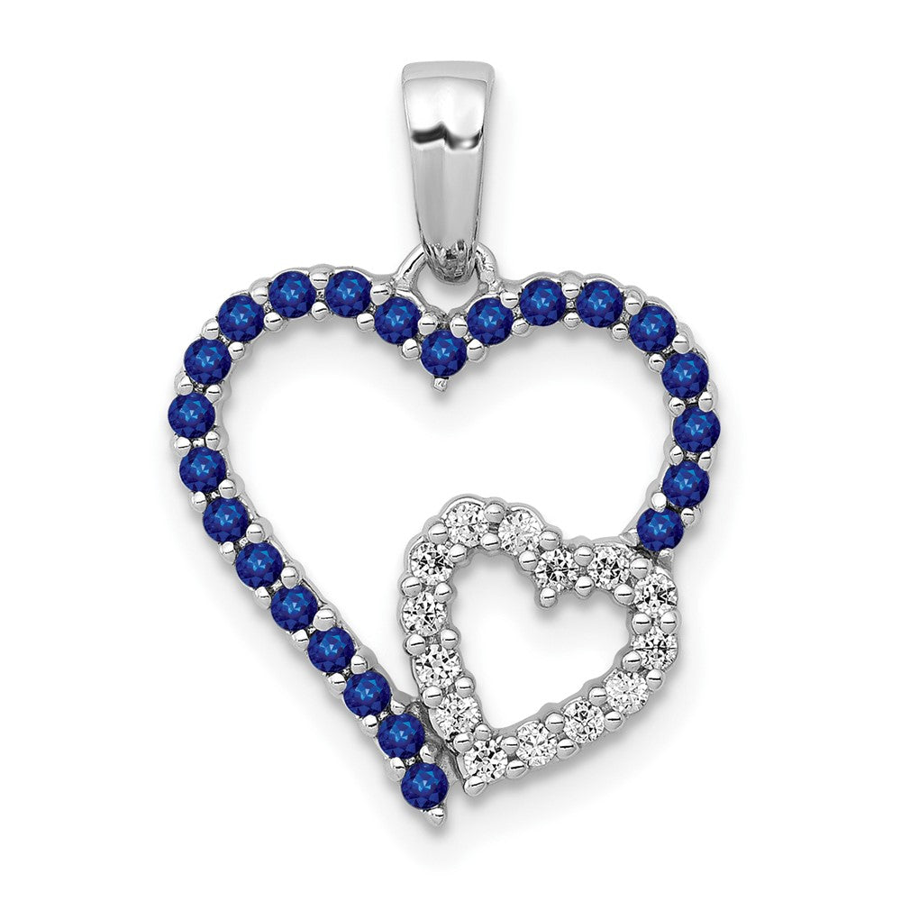 14k White Gold Diamond and Sapphire Double Heart Pendant (1.15 grams)