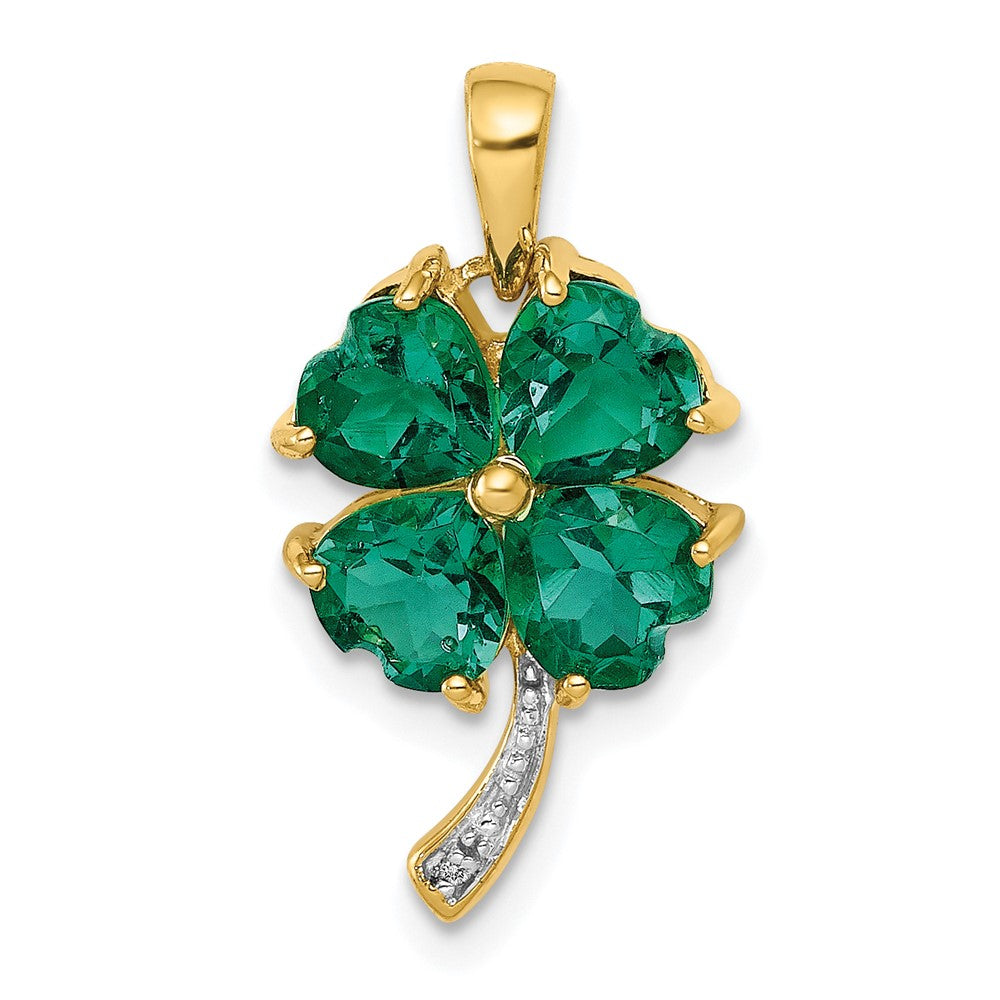 14k Created Emerald and Diamond Four Leaf Clover Pendant (1.4 grams)