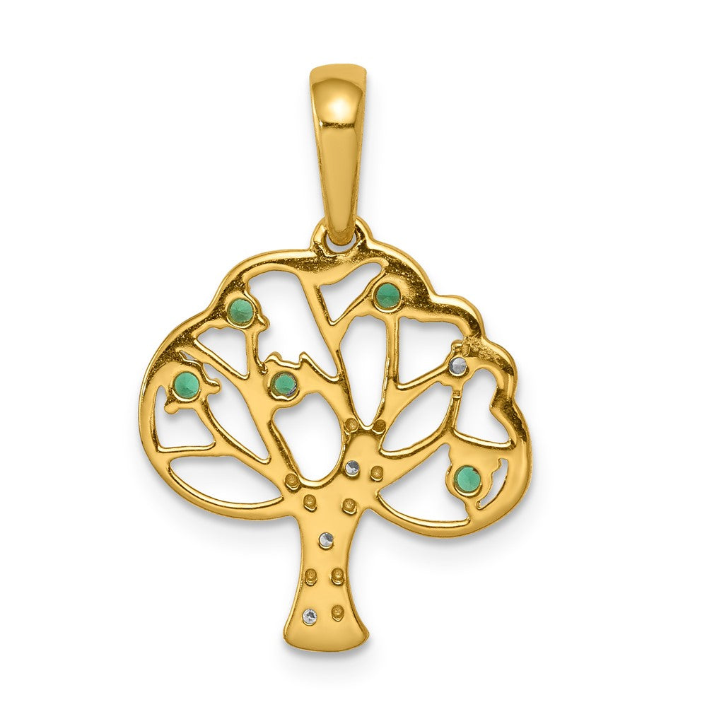 14k Yellow Gold 16.6 mm Created Emerald and Diamond Polished Tree Pendant (1.38 grams)