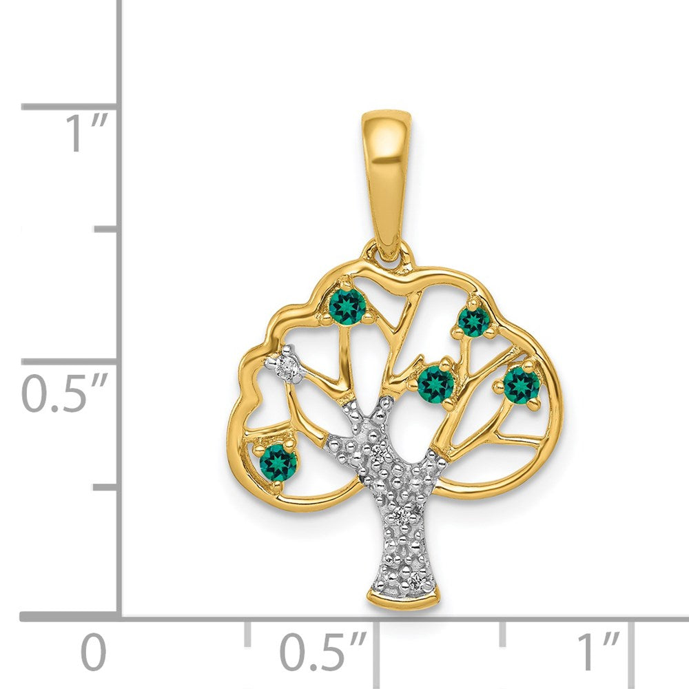 14k Created Emerald and Diamond Polished Tree Pendant (1.45 grams)