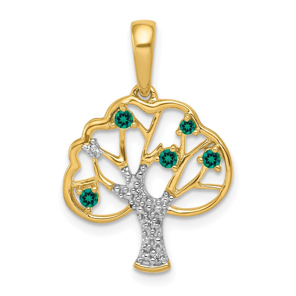 14k Yellow Gold 16.6 mm Created Emerald and Diamond Polished Tree Pendant