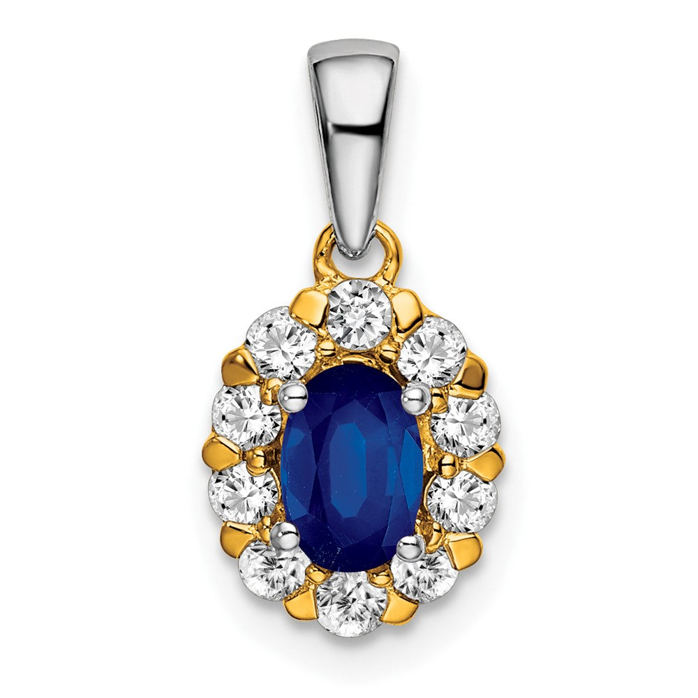 14k Two-tone Oval Sapphire and Diamond Halo Pendant (1.05 grams)