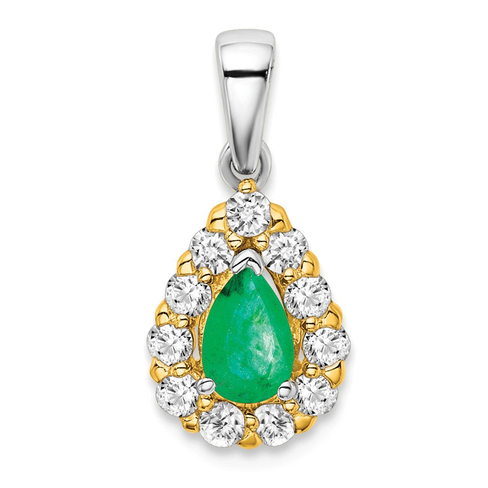 14k Two-tone Pear Emerald and Diamond Halo Pendant (1.25 grams)