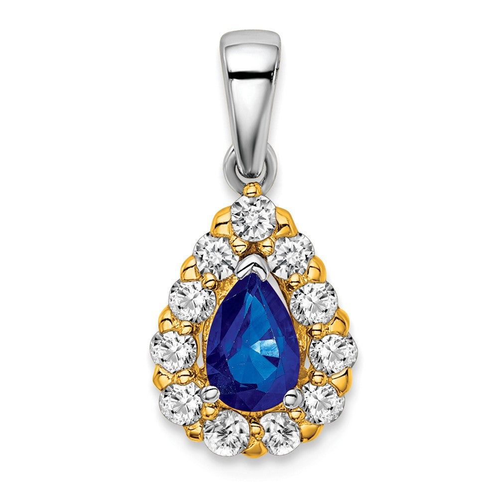 14k Two-tone Pear Sapphire and Diamond Halo Pendant (1.25 grams)
