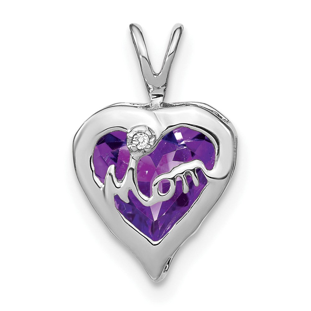 14k White Gold Amethyst and Diamond MOM Heart Pendant (0.75 grams)