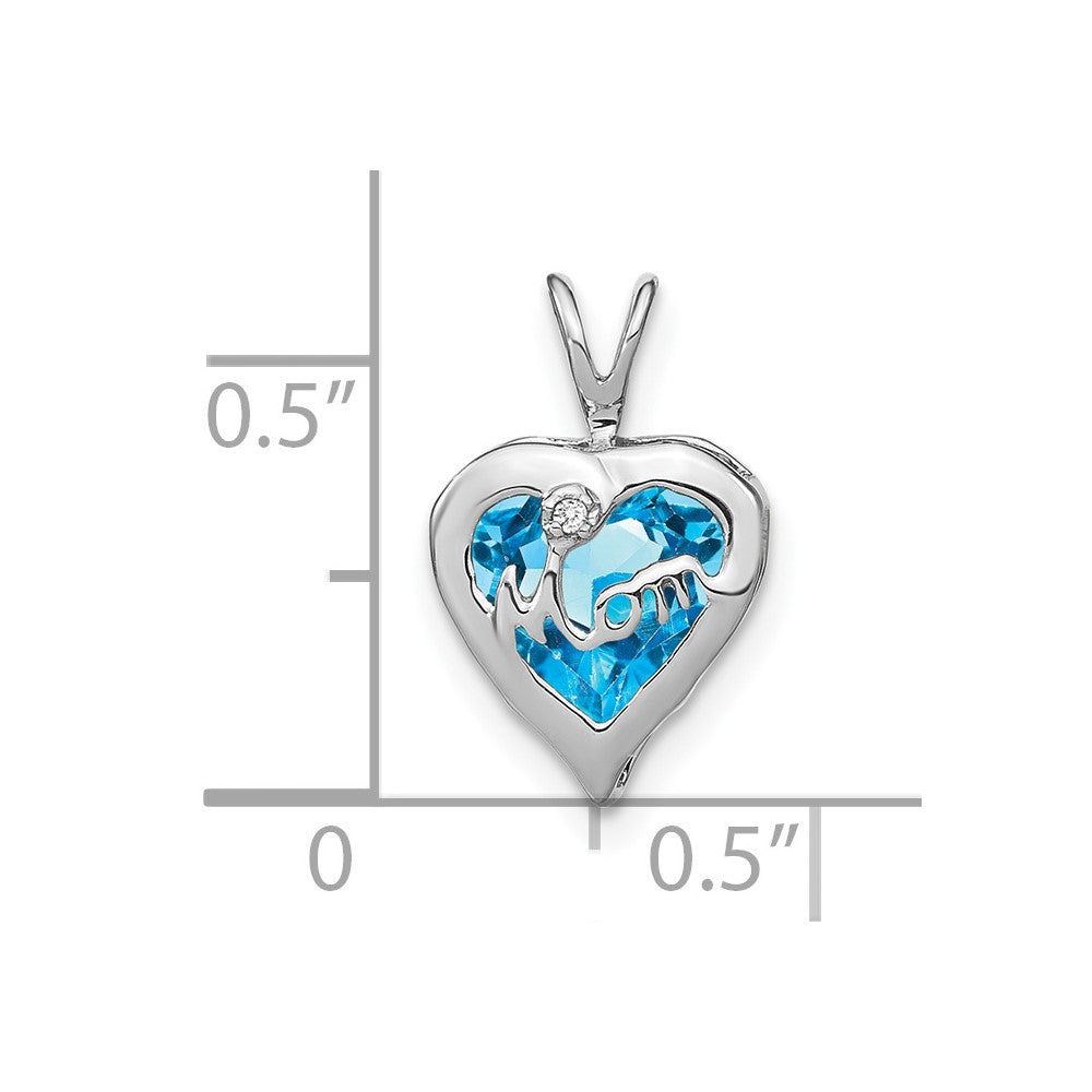 14k White Gold Blue Topaz and Diamond MOM Heart Pendant (0.75 grams)