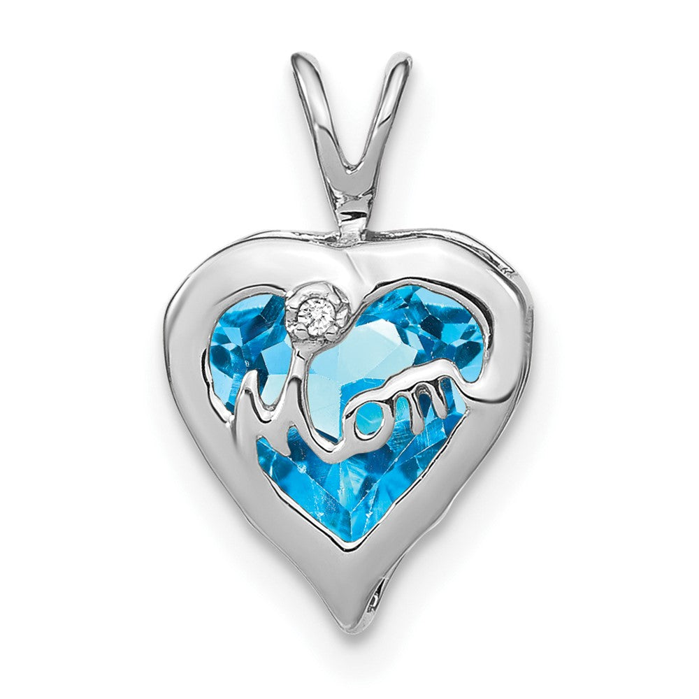 14k White Gold Blue Topaz and Diamond MOM Heart Pendant (0.75 grams)