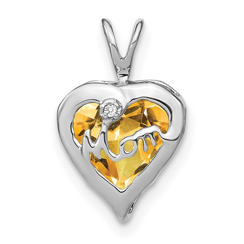 14k White Gold Citrine and Diamond MOM Heart Pendant (0.75 grams)