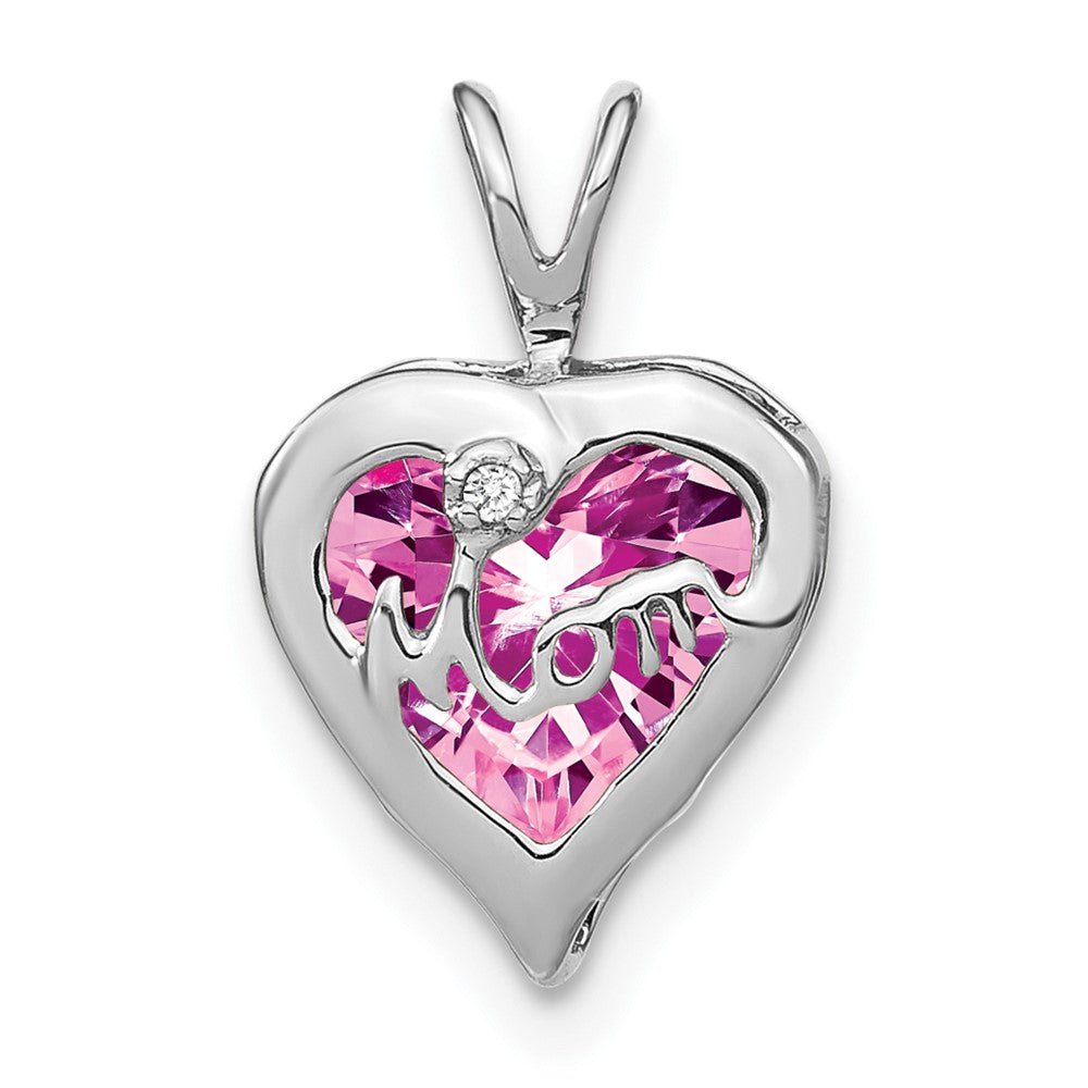 14k White Gold Creat. Pink Sapphire/Diamond MOM Heart Pendant (0.75 grams)