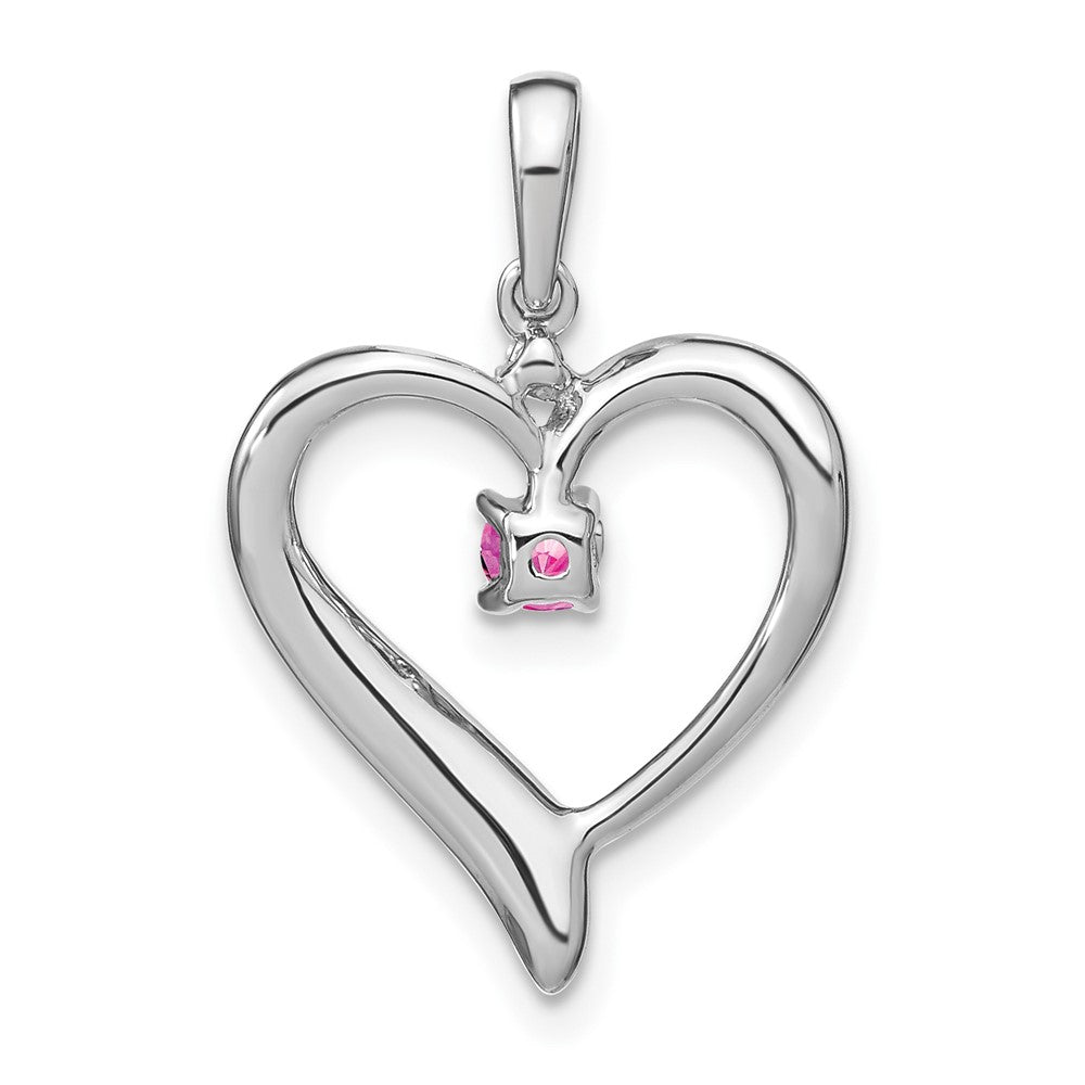 14k White Gold Created Pink Sapphire and Diamond Heart Pendant (1.75 grams)