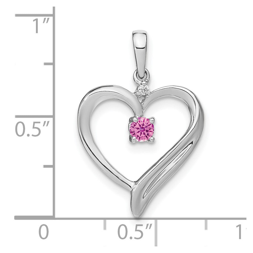 14k White Gold Created Pink Sapphire and Diamond Heart Pendant (1.75 grams)