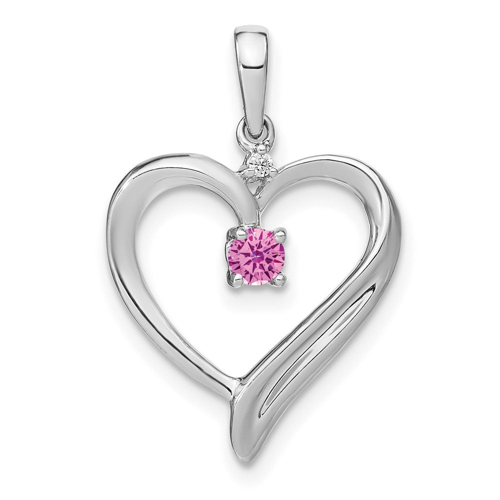 14k White Gold Created Pink Sapphire and Diamond Heart Pendant (1.75 grams)