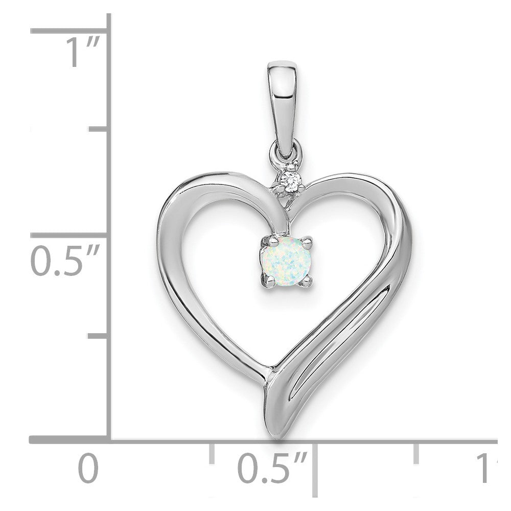 14k White Gold Created Opal and Diamond Heart Pendant (1.75 grams)