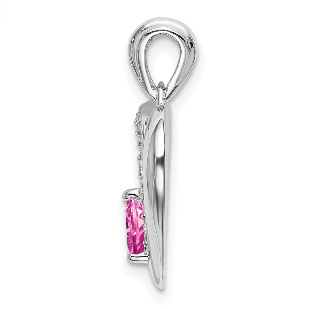 14k White Gold Created Pink Sapphire and Diamond Heart Pendant (1.7 grams)