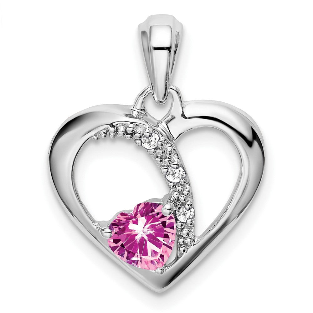 14k White Gold Created Pink Sapphire and Diamond Heart Pendant (1.7 grams)