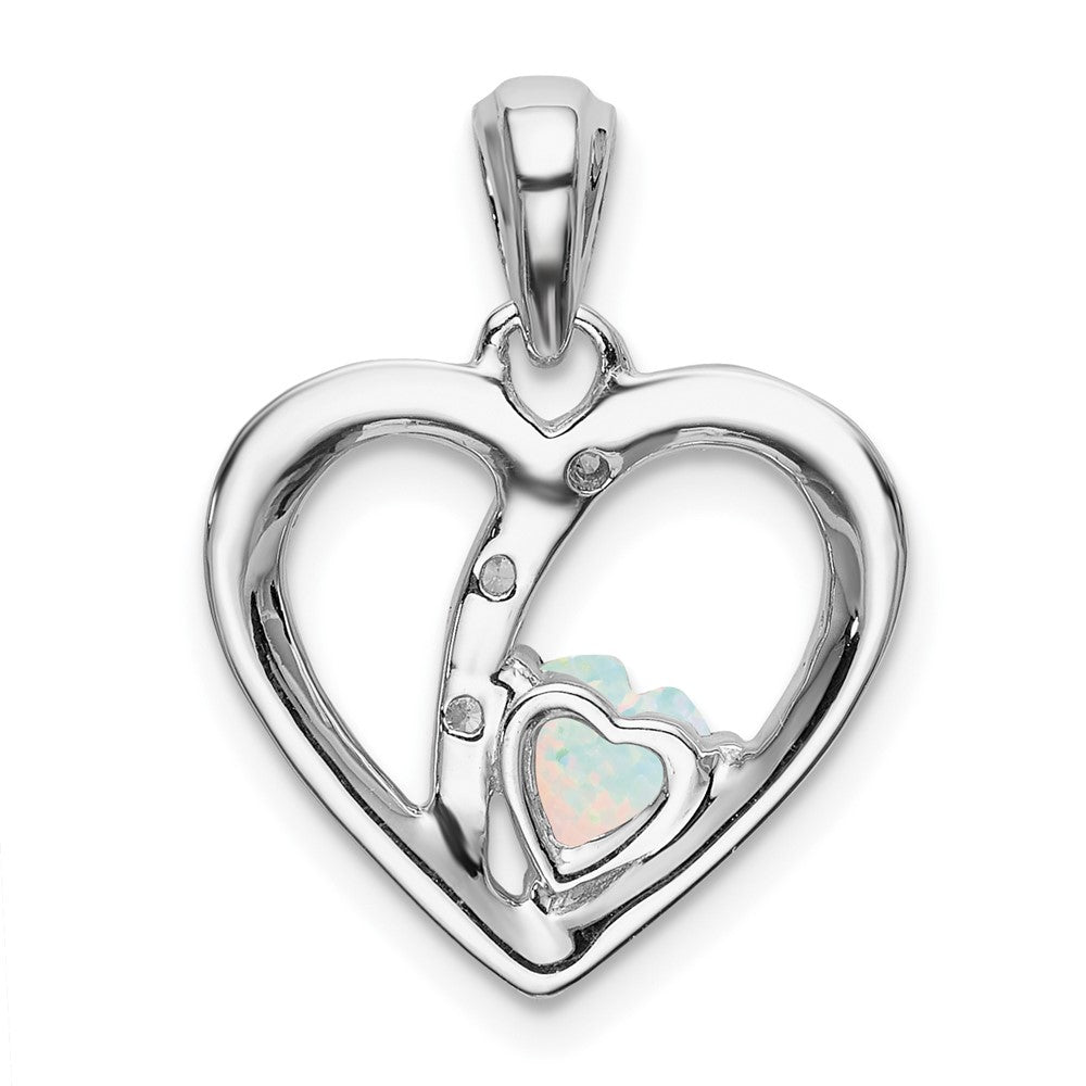 14k White Gold Created Opal and Diamond Heart Pendant (1.7 grams)