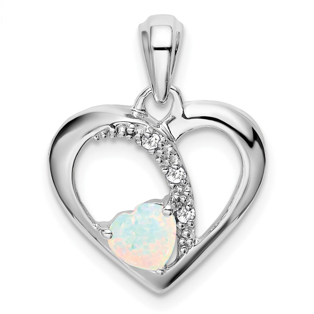 14k White Gold Created Opal and Diamond Heart Pendant (1.7 grams)