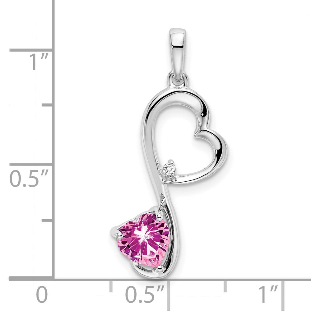 14k White Gold Created Pink Sapphire and Diamond Heart Pendant (1.35 grams)