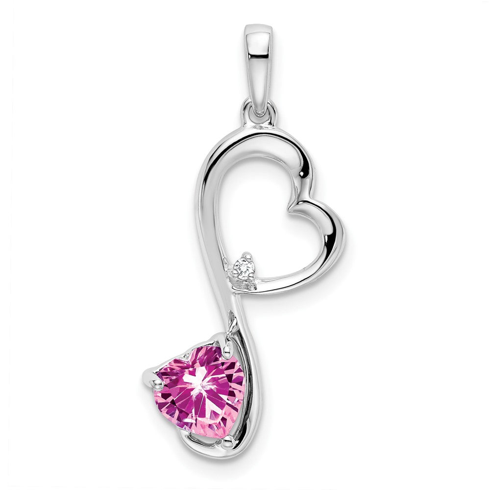 14k White Gold Created Pink Sapphire and Diamond Heart Pendant (1.35 grams)