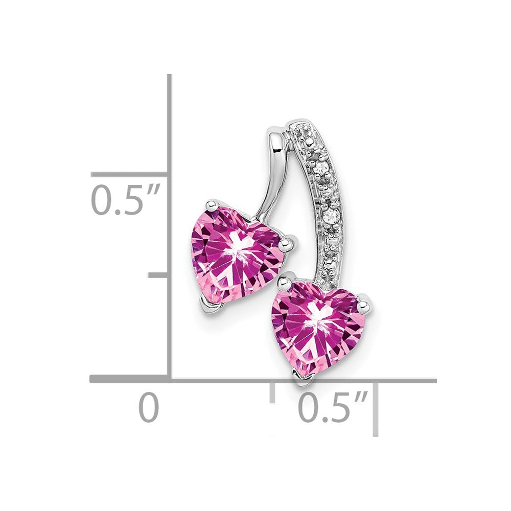 14k White Gold Created Pink Sapphire and Diamond 2-Heart Pendant (1.35 grams)