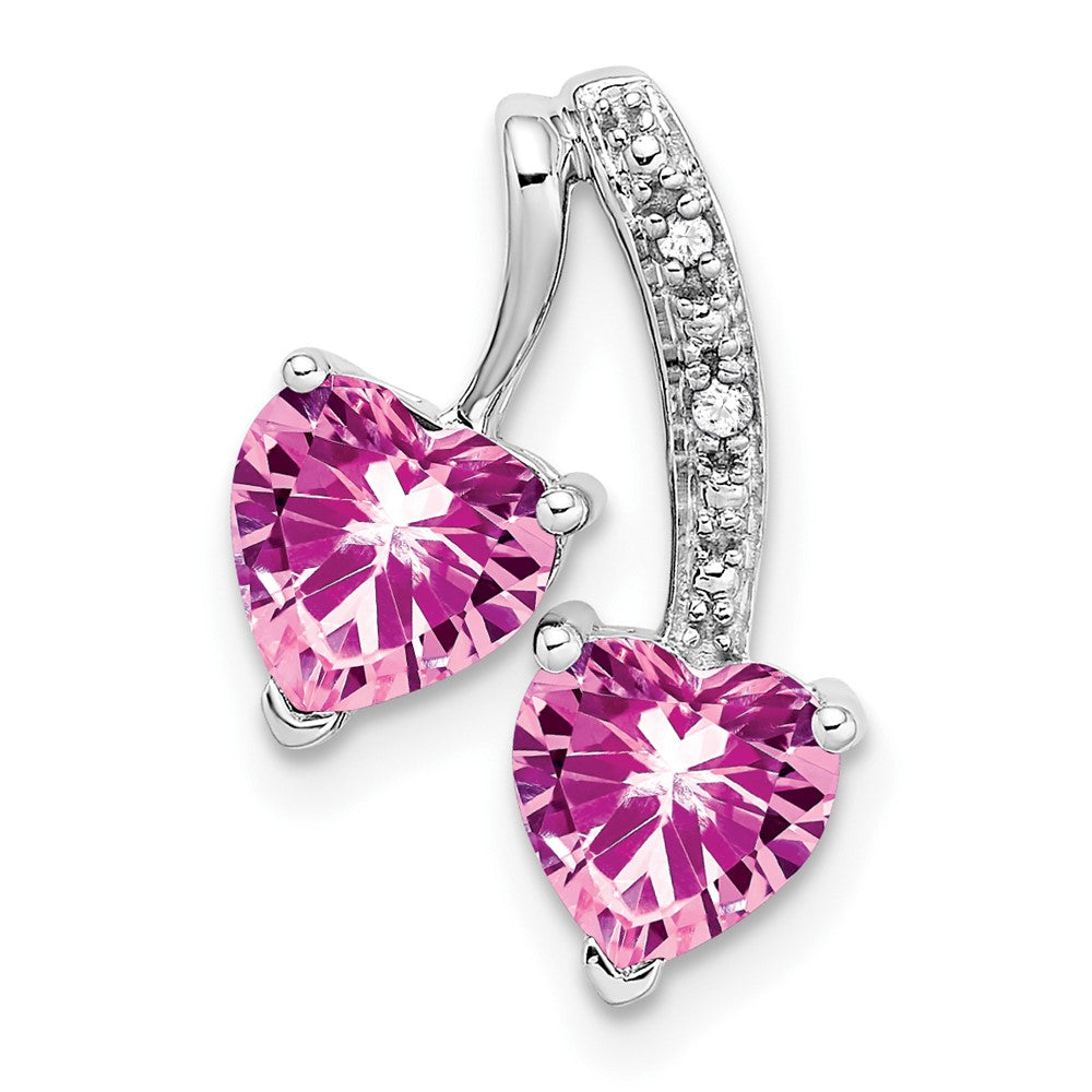 14k White Gold Created Pink Sapphire and Diamond 2-Heart Pendant (1.35 grams)