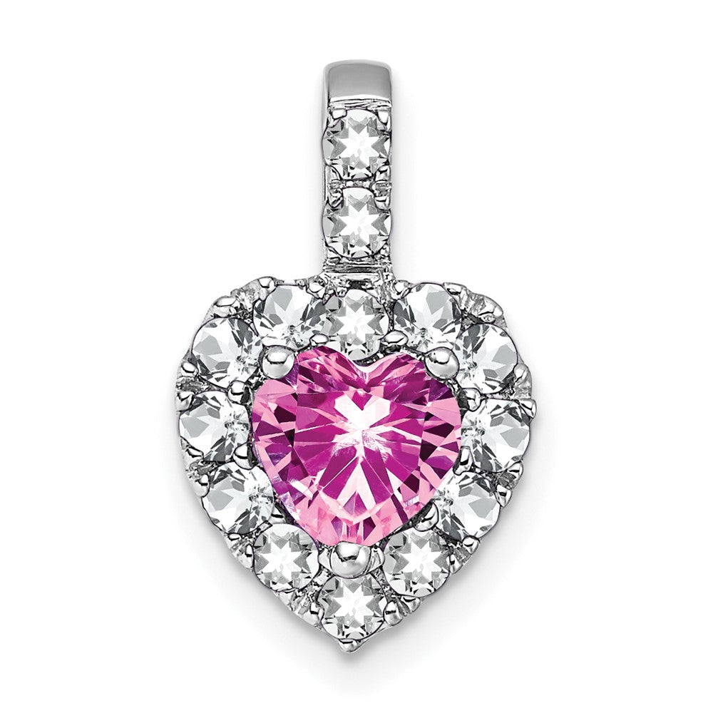 14k White Gold Creat. Pink Sapphire/White Topaz Halo Heart Pendant (1.35 grams)