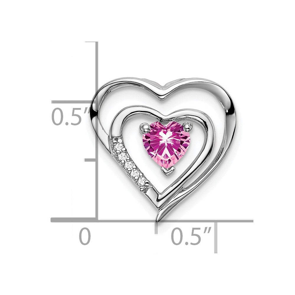 14k White Gold Created Pink Sapphire and Diamond Heart Pendant (1.45 grams)