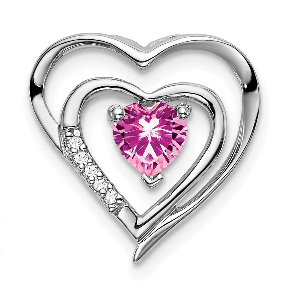 14k White Gold Created Pink Sapphire and Diamond Heart Pendant (1.45 grams)