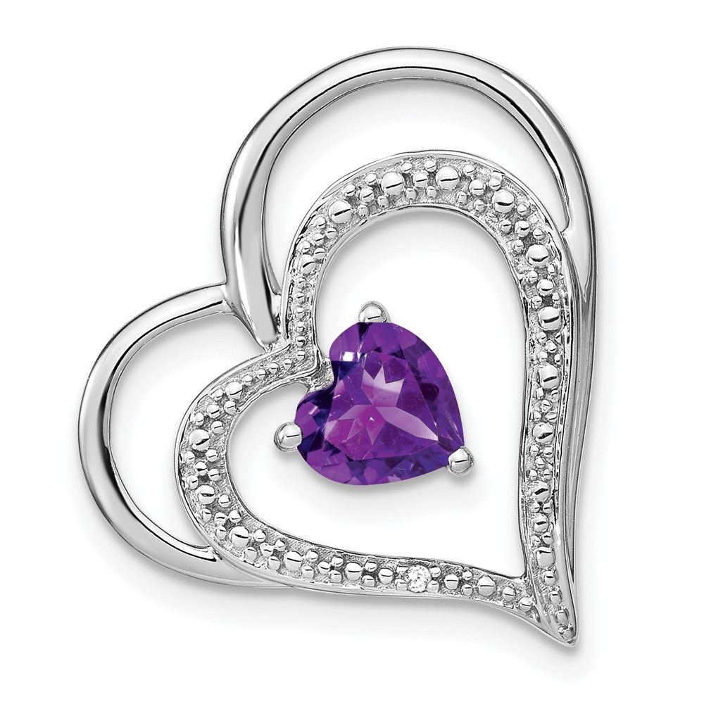 14k White Gold Amethyst and Diamond Heart Chain Slide (3 grams)