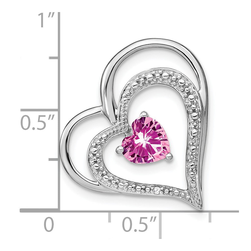 14k White Gold Created Pink Sapphire/Diamond Heart Chain Slide (3 grams)