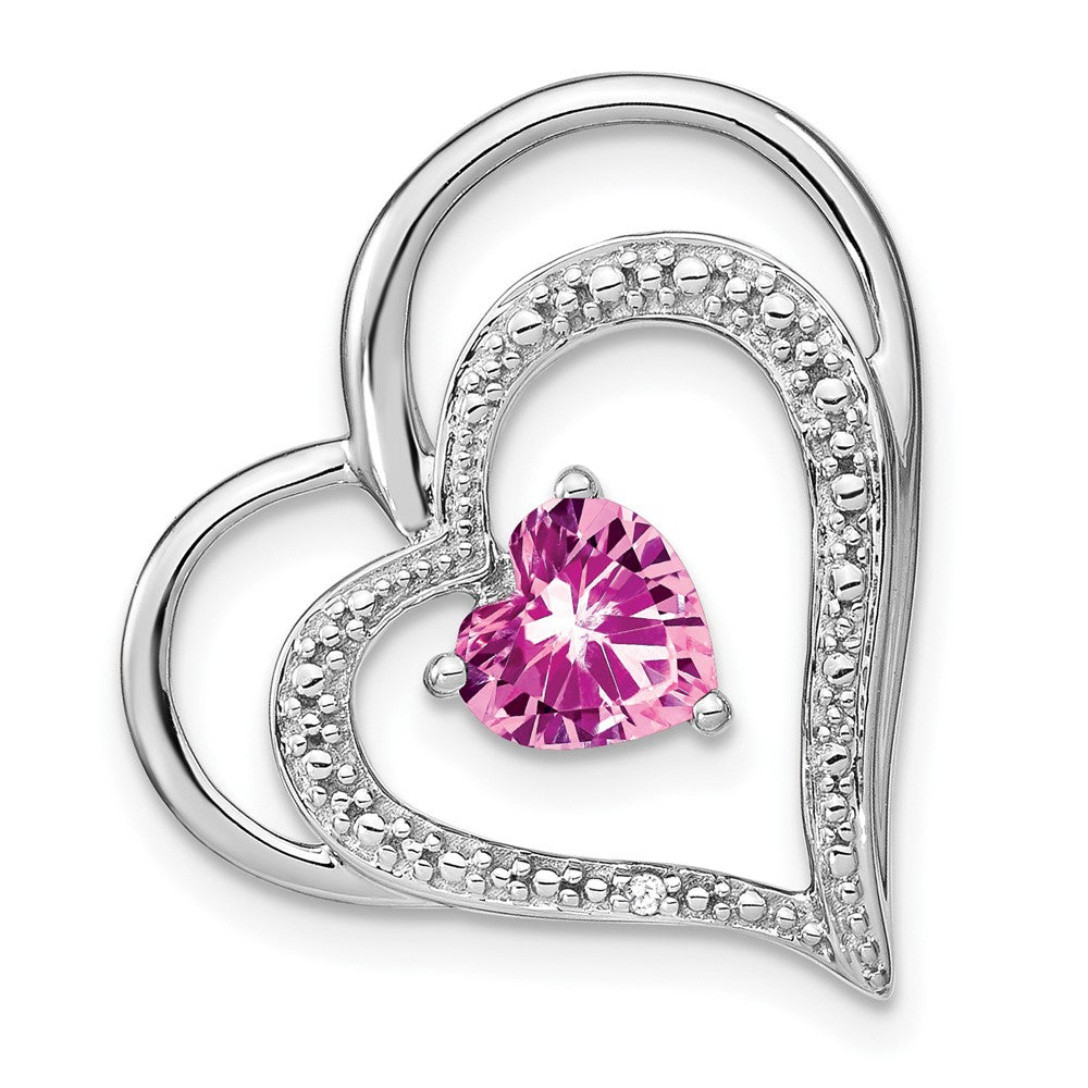 14k White Gold Created Pink Sapphire/Diamond Heart Chain Slide (3 grams)