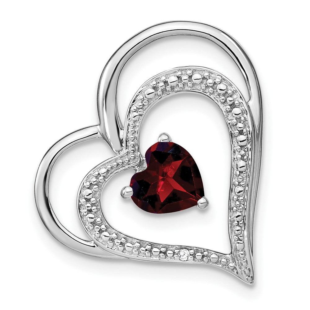 14k White Gold Garnet and Diamond Heart Chain Slide (3 grams)