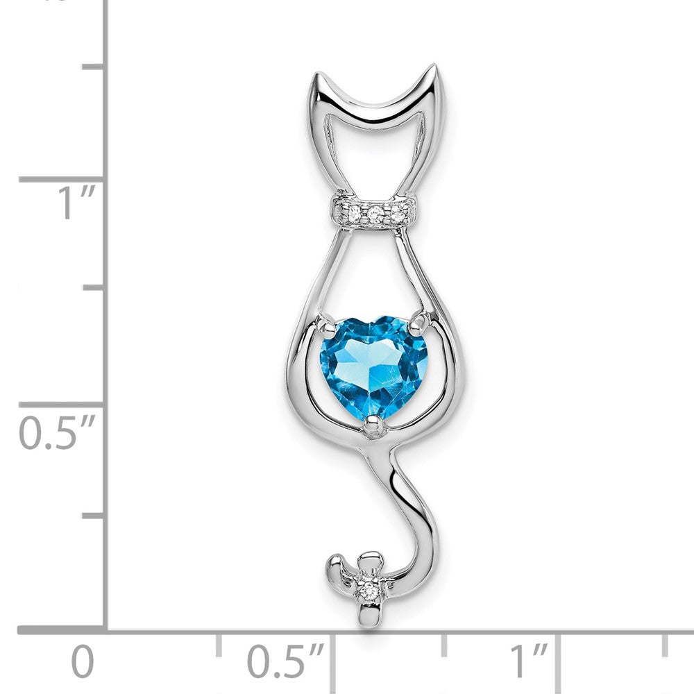 14k White Gold Blue Topaz and Diamond Cat Pendant (1.65 grams)