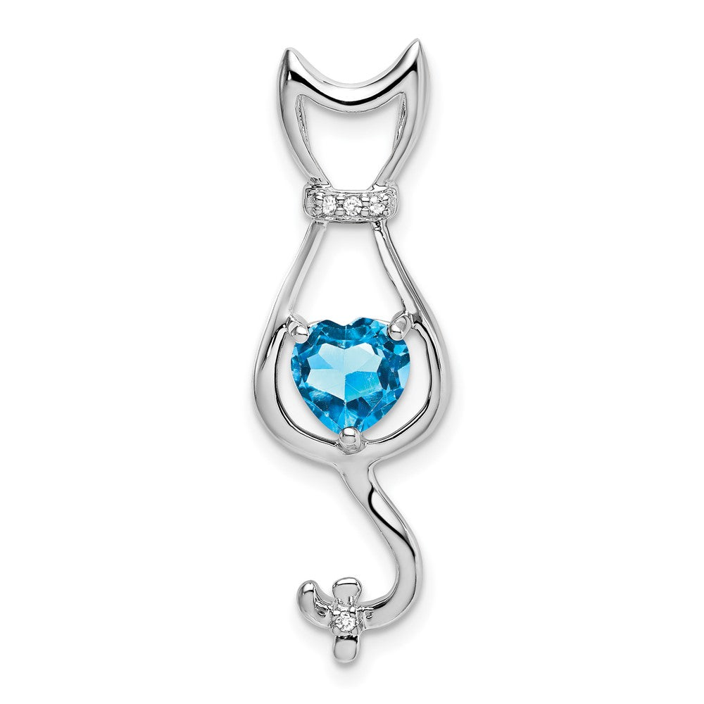 14k White Gold Blue Topaz and Diamond Cat Pendant (1.65 grams)