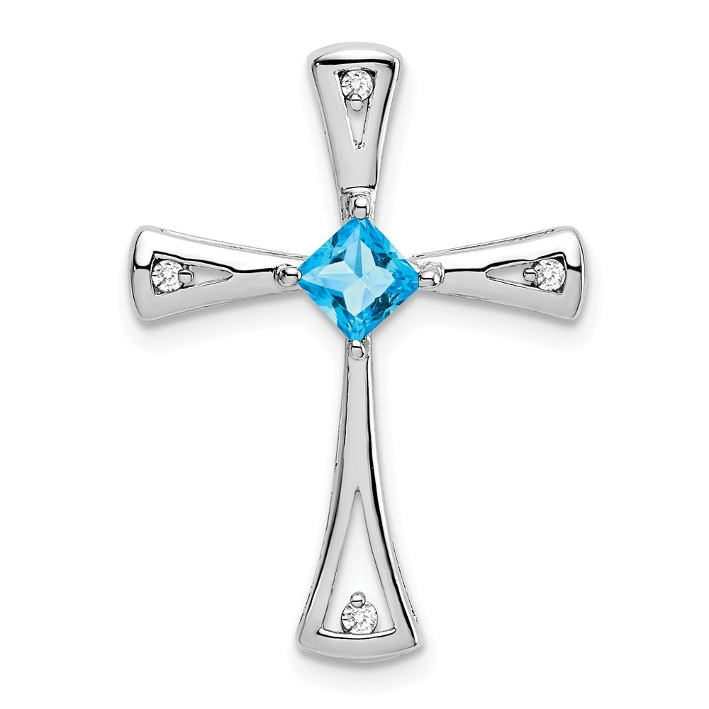 14k White Gold Blue Topaz and Diamond Cross Chain Slide (2.5 grams)