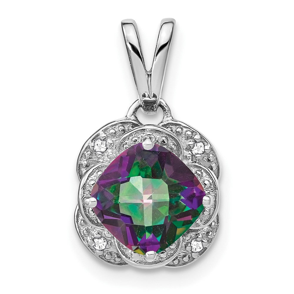 14k White Gold Cushion Mystic Fire Topaz and Diamond Pendant (2.25 grams)