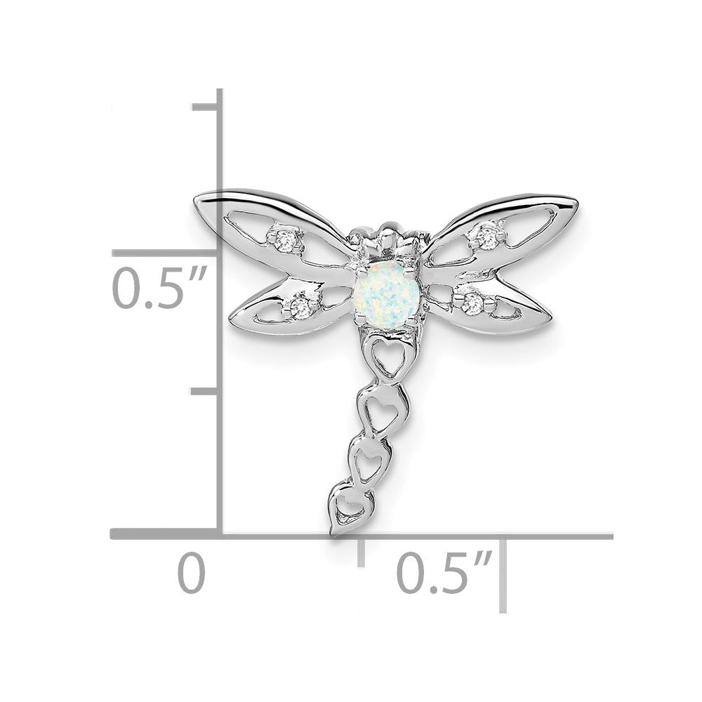 14k White Gold Created Opal and Diamond Dragonfly Chain Slide (0.95 grams)