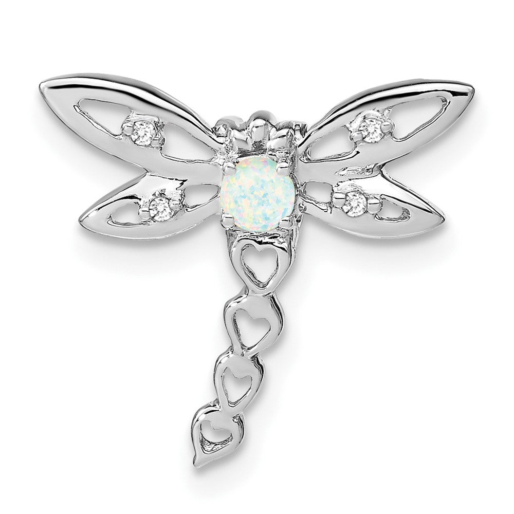 14k White Gold Created Opal and Diamond Dragonfly Chain Slide (0.95 grams)