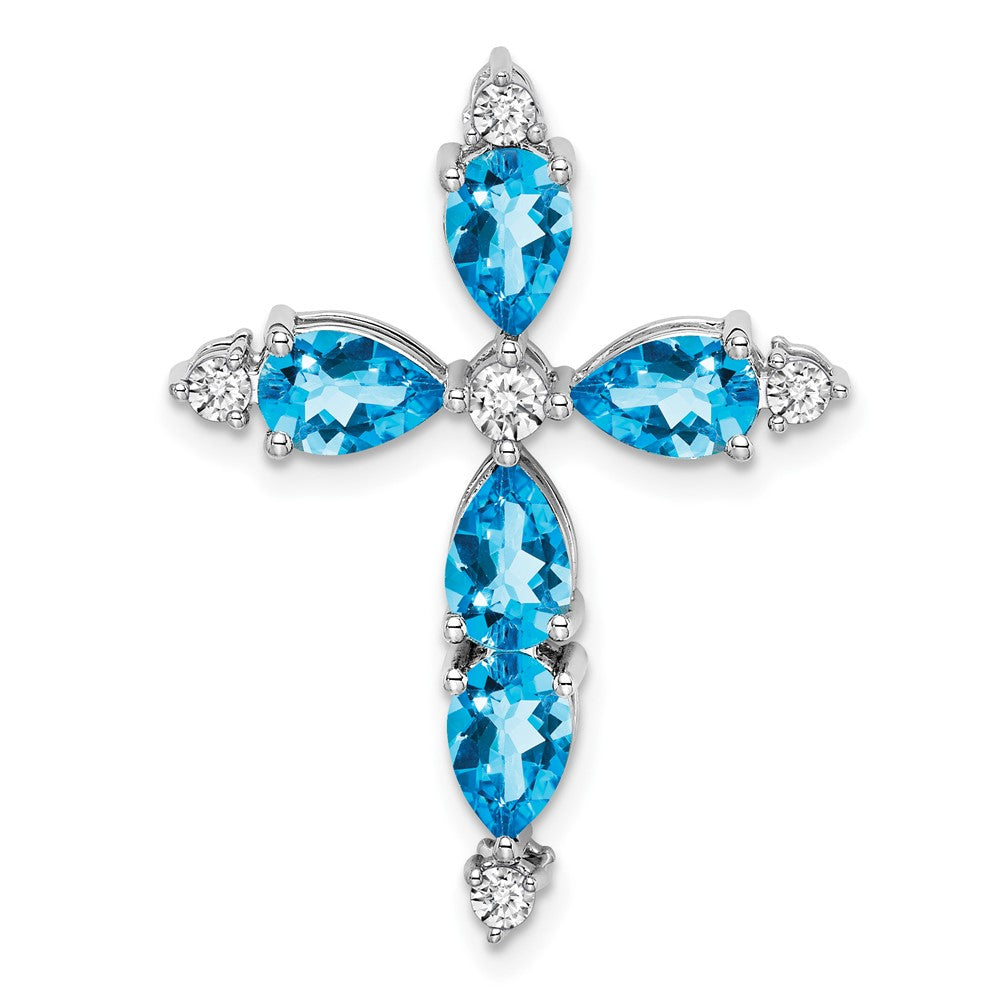 14k White Gold Blue Topaz and Diamond Cross Chain Slide (1.85 grams)