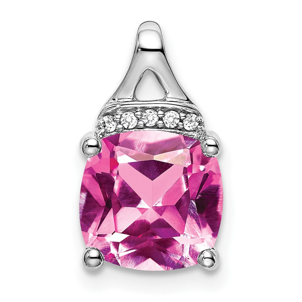 14k White Gold Cushion Created Pink Sapphire/Diamond Pendant (1.2 grams)