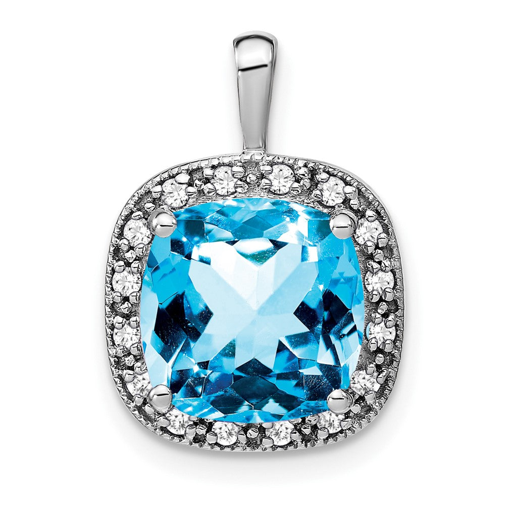 14k White Gold Cushion Blue Topaz and Diamond Pendant (2.4 grams)